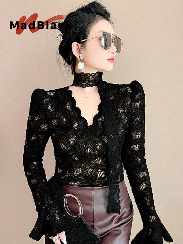 MadBlack-Women European T-Shirt, Sexy V Neck Lace Ribbon, Clubwear Long Sleeve Slim S-3XL Knit Tee, 2026 Autumn New T6O408CC