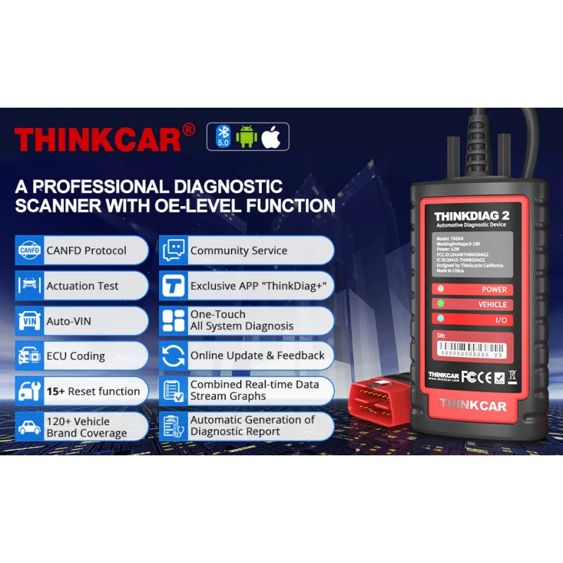 Thinkcar THINKDIAG 2 Full System OBD2 Code Reader With 16 Reset functions for Android/IOS&Tablet Diagnostic Tool