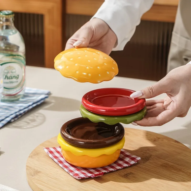 Creative Burger Shape Ceramic Plate Set, Multi-purpose Dipping Dessert Plates,Condiment Snack Sauce Tasting Plates,  Party Gift