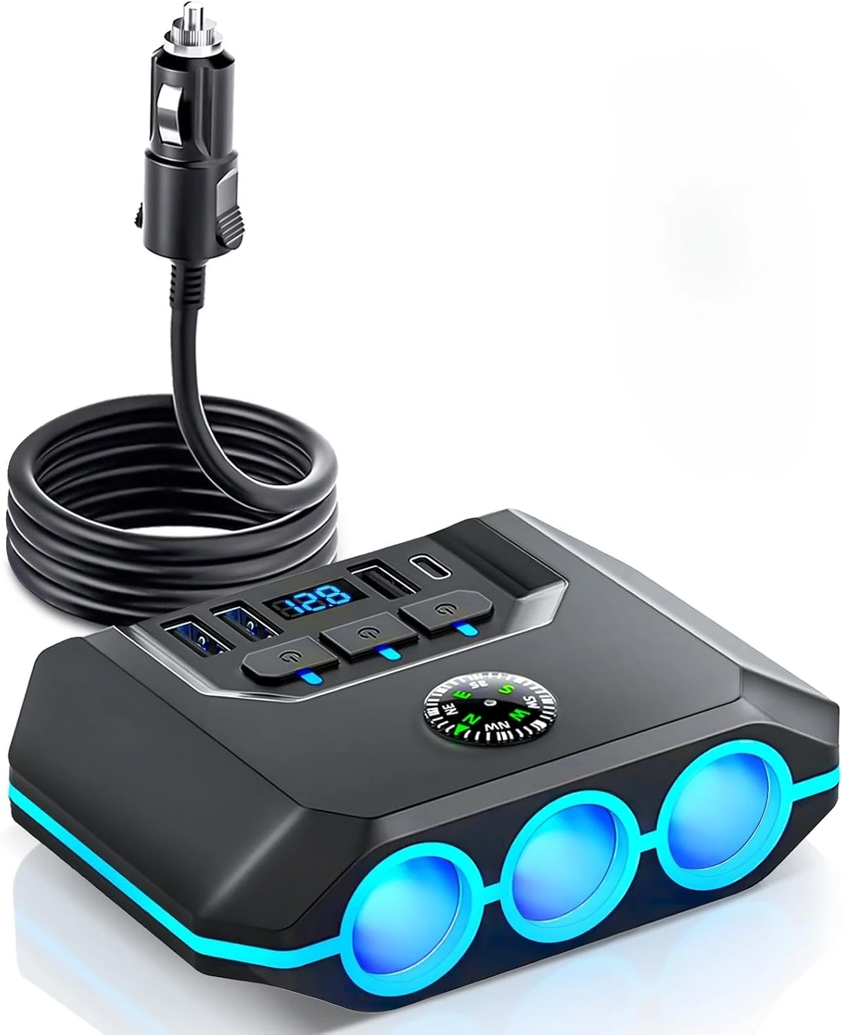 7 in 1 Cigarette Lighter Splitter, 120W 12V/24V Car Charger Adapter, 3 Sockets & Independent Switches, 3.3ft Extension Cord