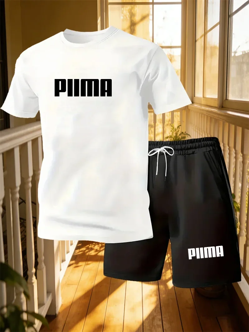 New Men's Short Sleeved T-shirt+shorts Sports Suit Personalized Design Letter Print Summer Casual Loose Home 2-piece Set