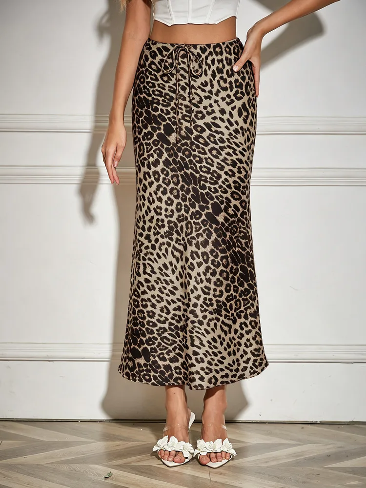 Women's Leopard Print Drawstring Satin Long Skirt 2027 Spring Summer Elegant Fashion High Waist Faldas