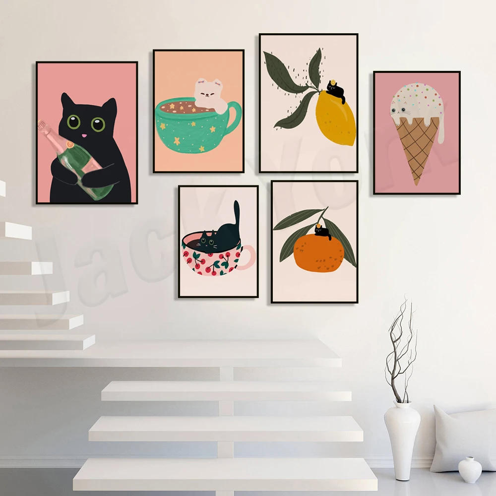 Cute cat, lemon tree lemonade lemon cake, champagne bottle, ice cream cat, strawberry roll cake poster, black cat aesthetic art