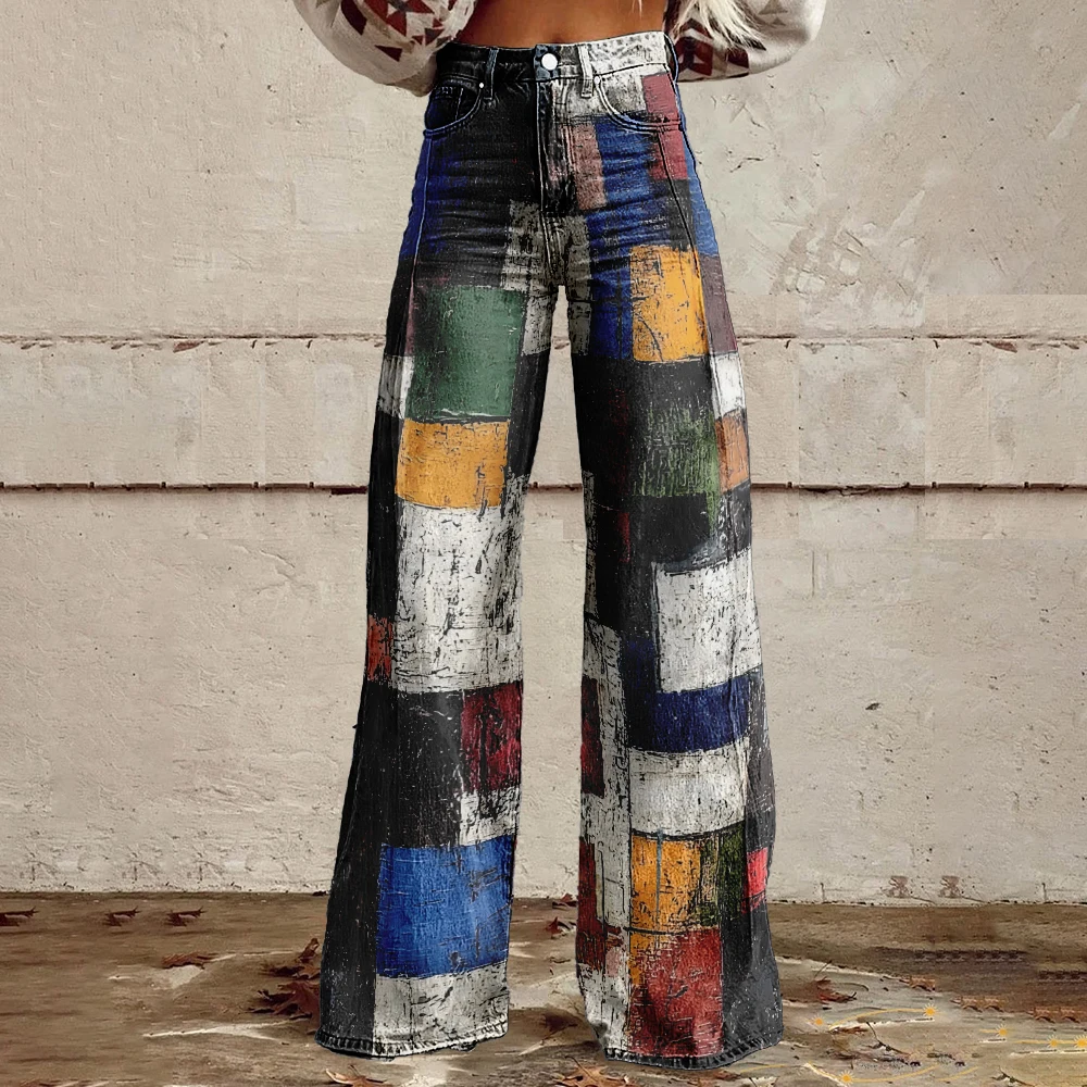 

Новые брюки с абстрактным художественным принтом, с высокой талией и уникальные для женщин, повседневные, с широкими штанинами, сексуальные, ретро, с цветочным принтом, большие размеры.