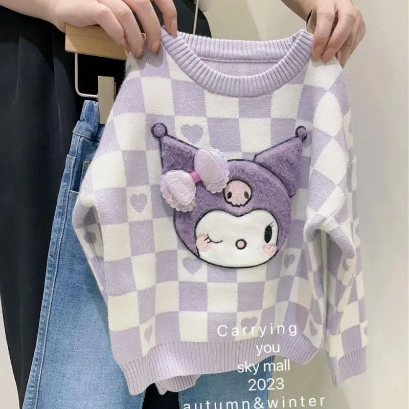 

Kuromi Girl Pullover Sweater Sanrios Autumn Winter Child Thicken Anime My Melody Kawaii Cartoon Yarn Jacket Pullover Sweater