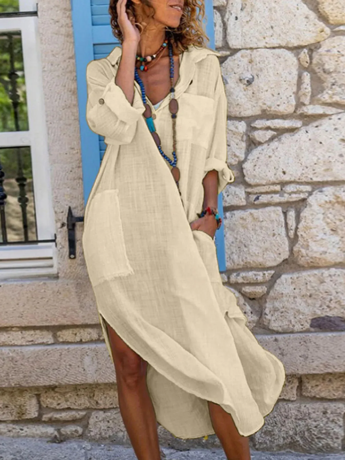 เดรสเชิ้ตผ้าลินินผสมคอตตอนสำหรับผู้หญิง เสื้อผ้าฤดูใบไม้ผลิ/ฤดูร้อน 2025 ลำลอง วินเทจ ทรงโอเวอร์ไซส์ ยาวปานกลาง รุ่น MTB8