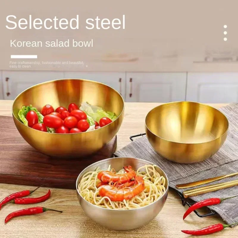 New 20CM Stainless Steel Gold And Silver Salad Bowl Rice Noodles Lamian Noodles Bowl Kitchen Tableware Food Container