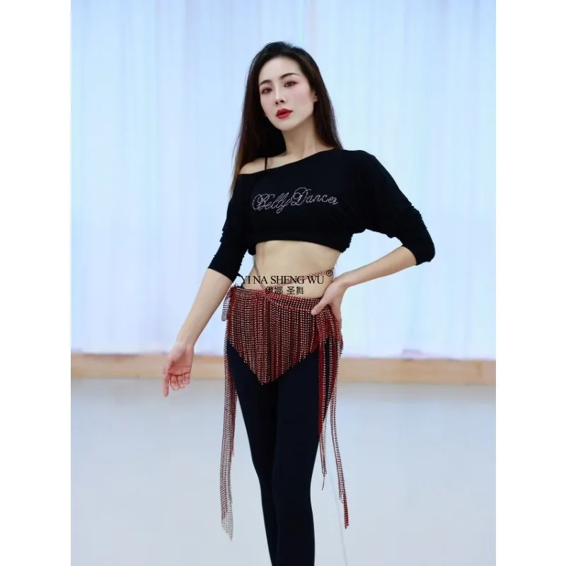 Sciarpa per fianchi triangolare con nappa per danza del ventre da donna Cintura in rete con pietre AB Accessori per catena in vita per pratica di danza orientale per ragazze