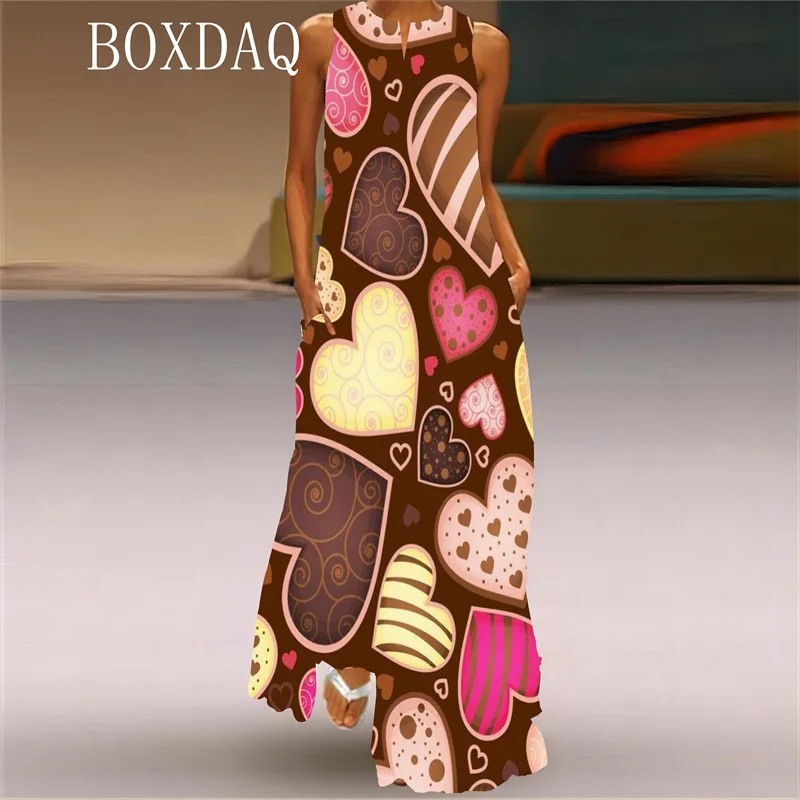 2025 Spring Summer New Long Dress For Womens 3D Love Heart Pattern Print Dress Valentine\'s Day Style Party Sleeveless Maxi Dress