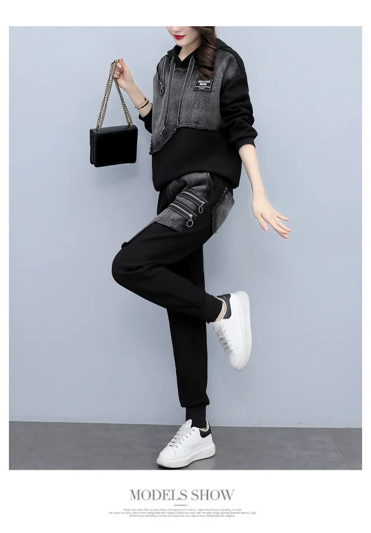 

Women's 2025 Spring Fall Denim Patchwork Hoodie and Pants 2-Piece Set, Casual Outfit