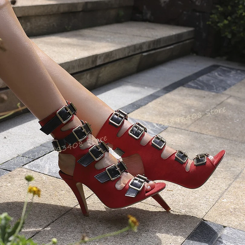 

Buckle Decor Slingback Flock Sandals Peep Toe Thin High Heels Roman Style Women Summer Fashion Sandals 2023 Zapatos Para Mujere