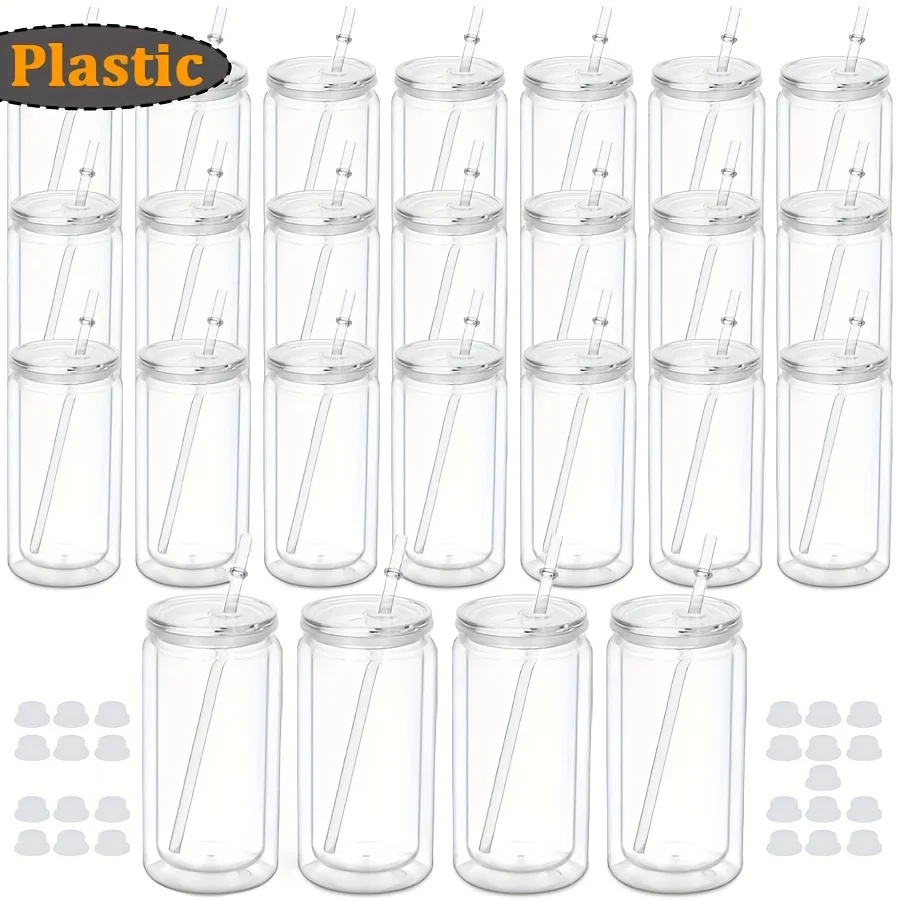 25 Pack 16 Ounce Pre Drilled Double Wall Plastic Clear Sports Cups with Transparent Lid and Straw Double Layer Snow Cup with Funnel for Snowflake DIY Ideal for Gym Running Cycling Hiking Summer Beverages Gifts for Valentine's Christmas Halloween