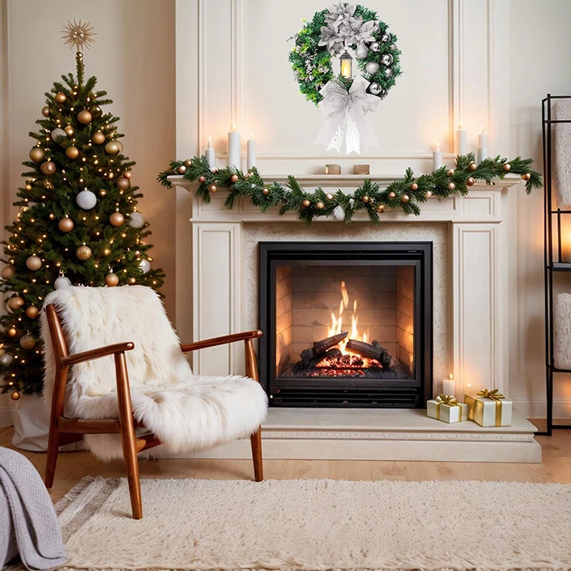 Decoración navideña para puerta delantera: corona artificial iluminada con cinta y bolas