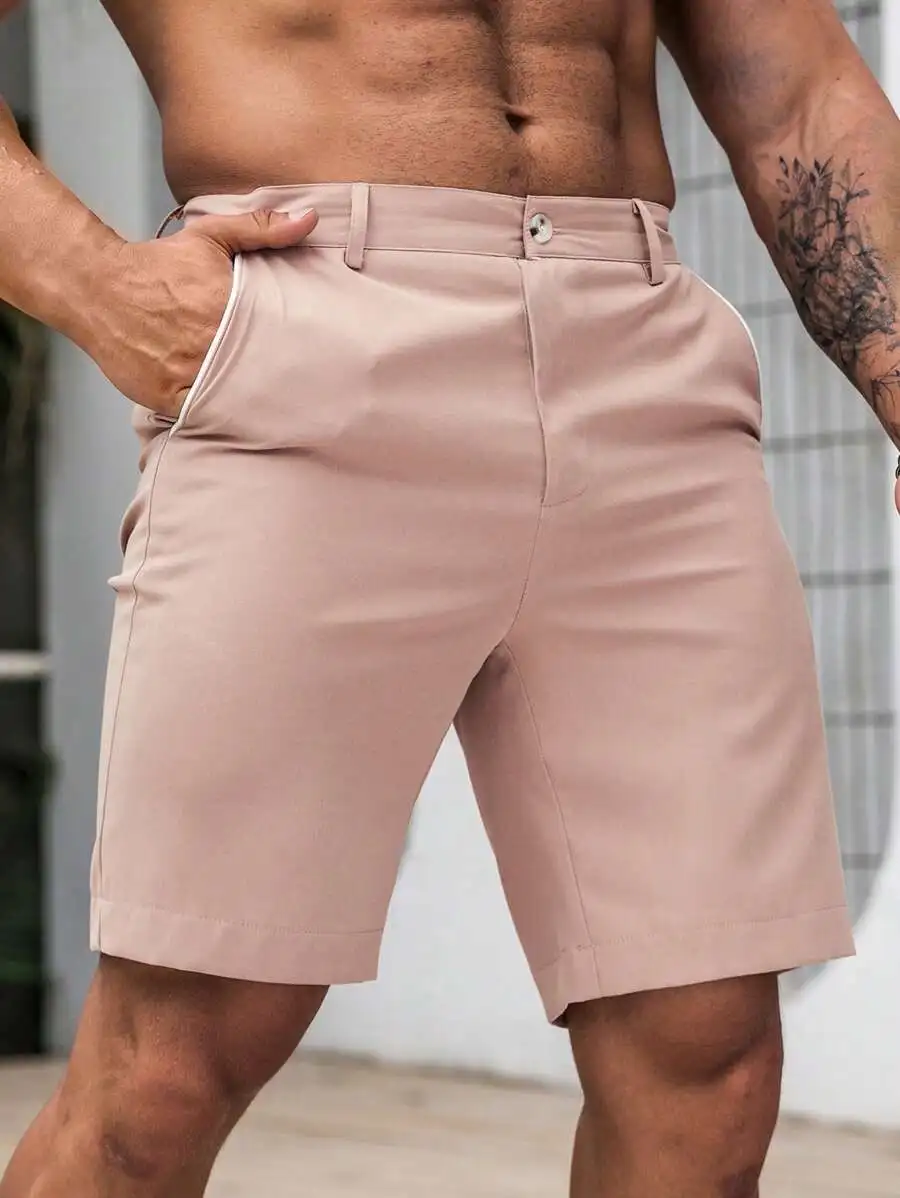 Mens Beige Bermuda Shorts Featuring Contrast Side Piping And Angled Front Pockets