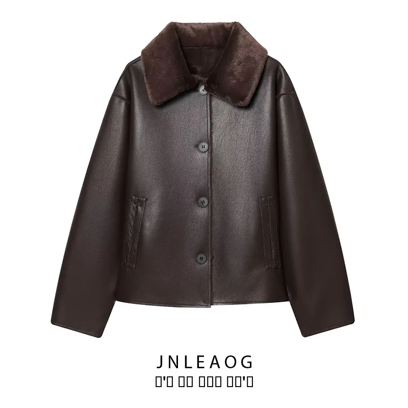JNLEAOG Casaco feminino de couro sintético dupla face Jaet, roupa externa dobrável, ajuste longo, fecho de botão, comprimento regular