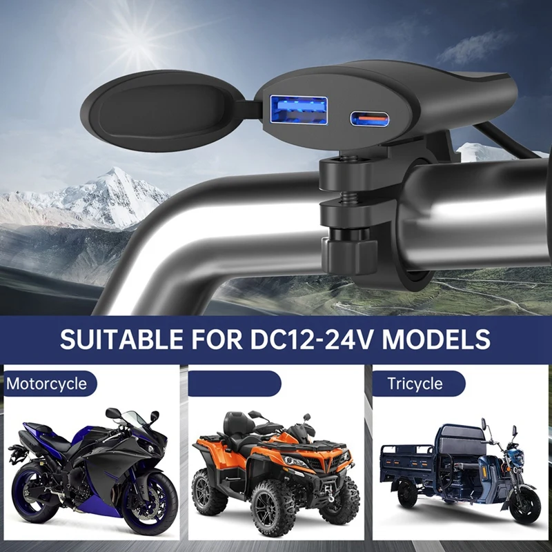 Motorcycle USB Charger 30W QC3.0 Type C Charger IP67 Waterproof Handlebar Mounting Bracket Moto Phone Charger