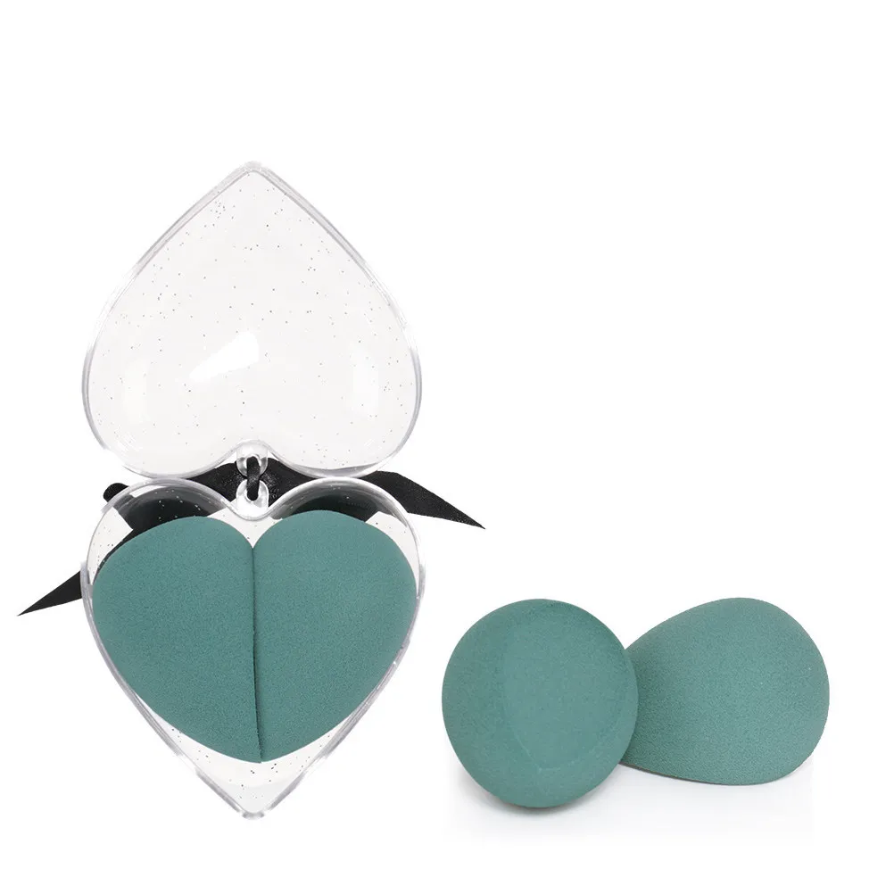 2Pcs Heart Shape Makeup Sponges Powder Puff Dual Wet Dry Use Foundation Blending Egg Sponges Dark Green