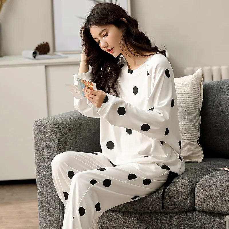 

Autumn Cotton Women's pajamas Long Sleeve Round Neck Women pajama set Casual Soft Loose Female Sleepwear Pyjama