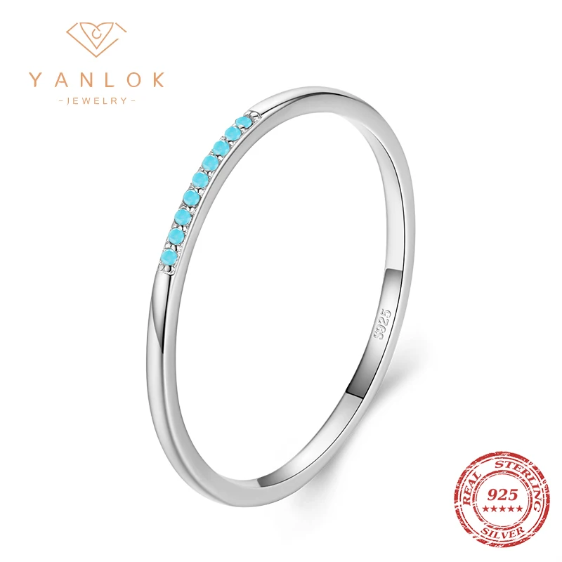 YANLOK Minmalist Design 925 Sterling Silver Blue Turquoise Stackable Finger Rings for Women Wedding Engagement Bands Jewelry