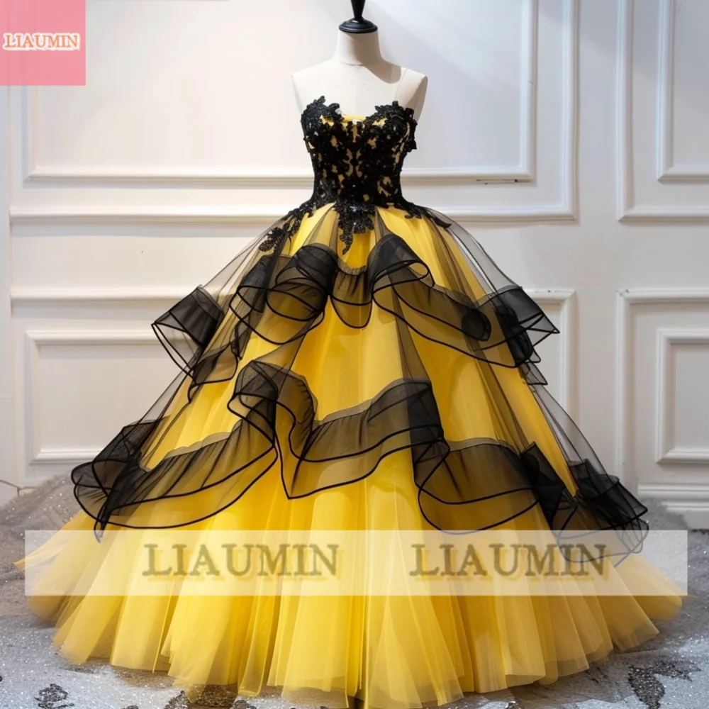 Yellow Tulle And Black Applique Ball Gown Strapless Full Length Lace Up Back Evening Formal Occasion Party Prom Dress W14-31