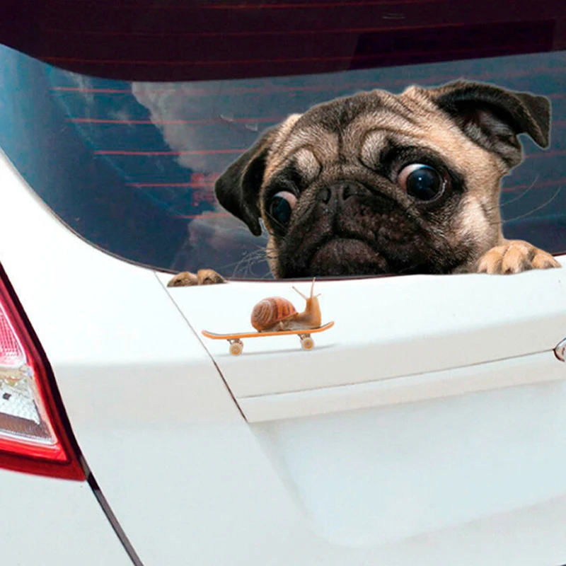 3D Funny Pug Dog Watch Snail PVC Car Window Decal Waterproof Cute Pet Puppy Vehicle Home Decorative Sticker Auto Accessory