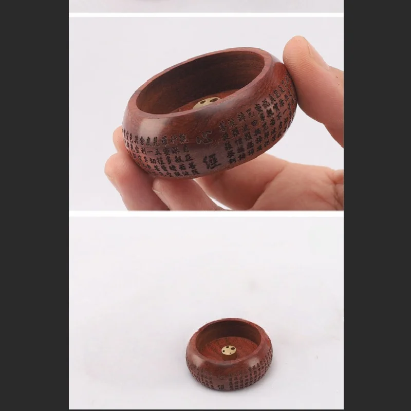 Home Purification Mini Solid Wood Round 4-Hole Incense Holder with Heart Sutra Engraving Portable for Zazen Practitioners