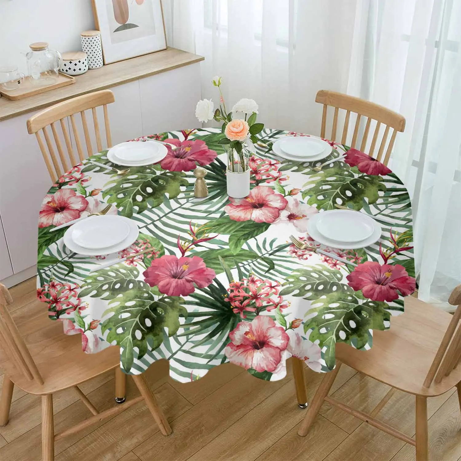 

Tropical Plants Flowers Summer Round Table Cloth Festival Dining Tablecloth Waterproof Table Cover for Wedding Party Decor