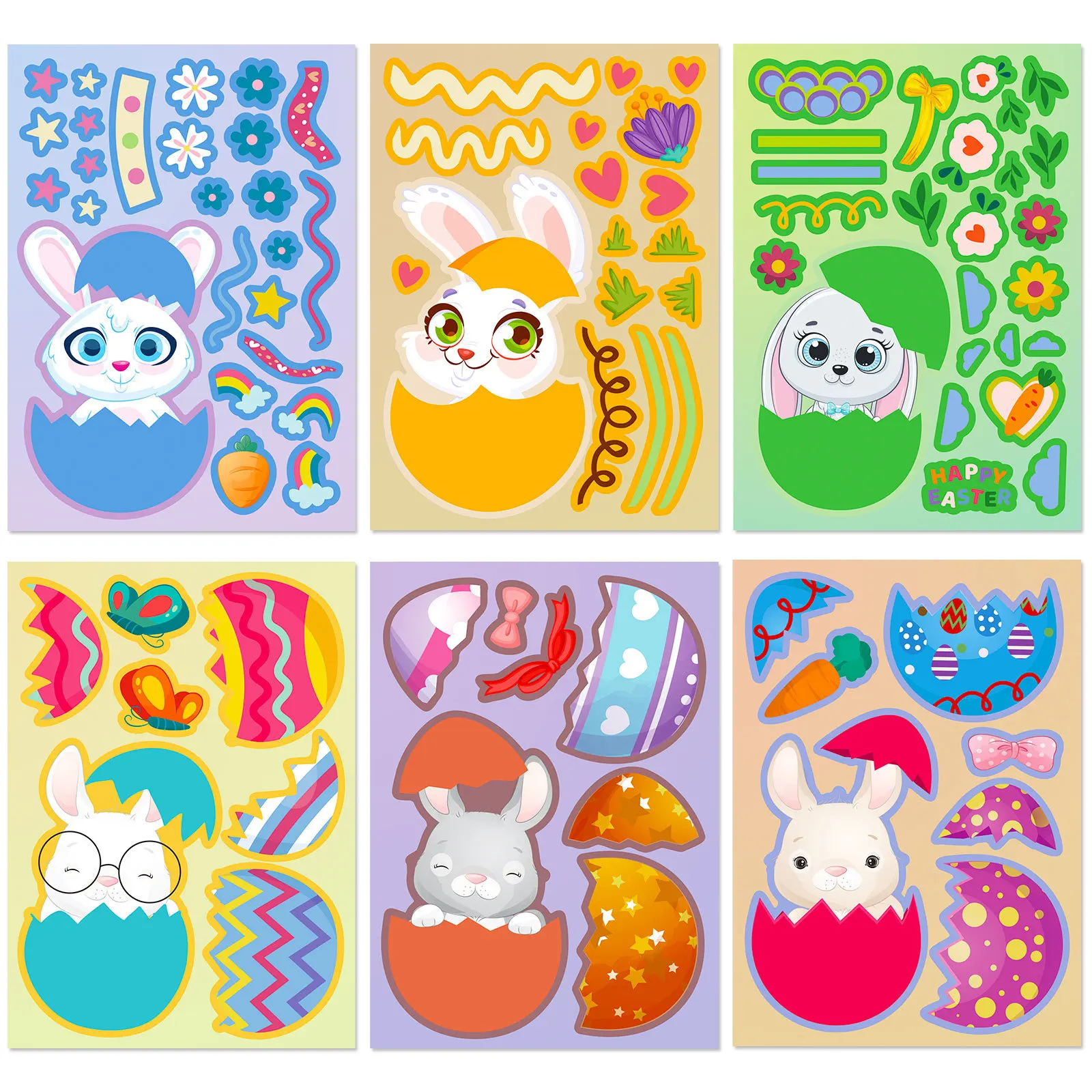 6 Sheets Easter Stickers Make Your Own Easter Eggs Bunny Make A Face Sticker Children Party Favor Gifts Kids DIY Puzzle Toys