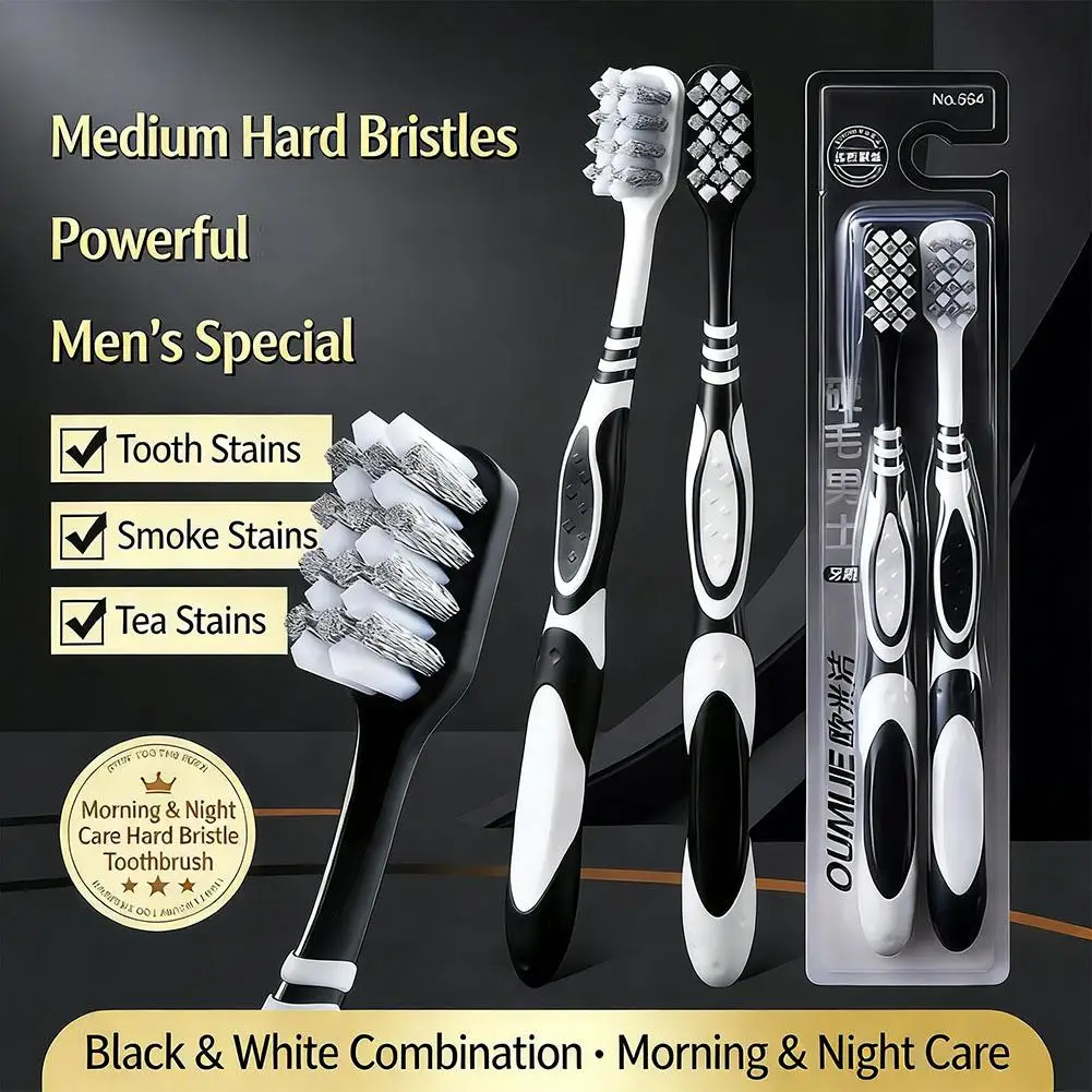 Hard-bristled Cleaning Toothbrush Medium Hard Deep Cleaning Remove Tea Stain Plaque For Adult For Whitening Teeth 2pcs/set