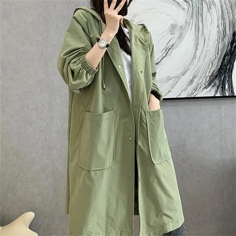Trench coat longo feminino cor sólida elegante blusão solto confortável com capuz temperamento senhoras capa de chuva