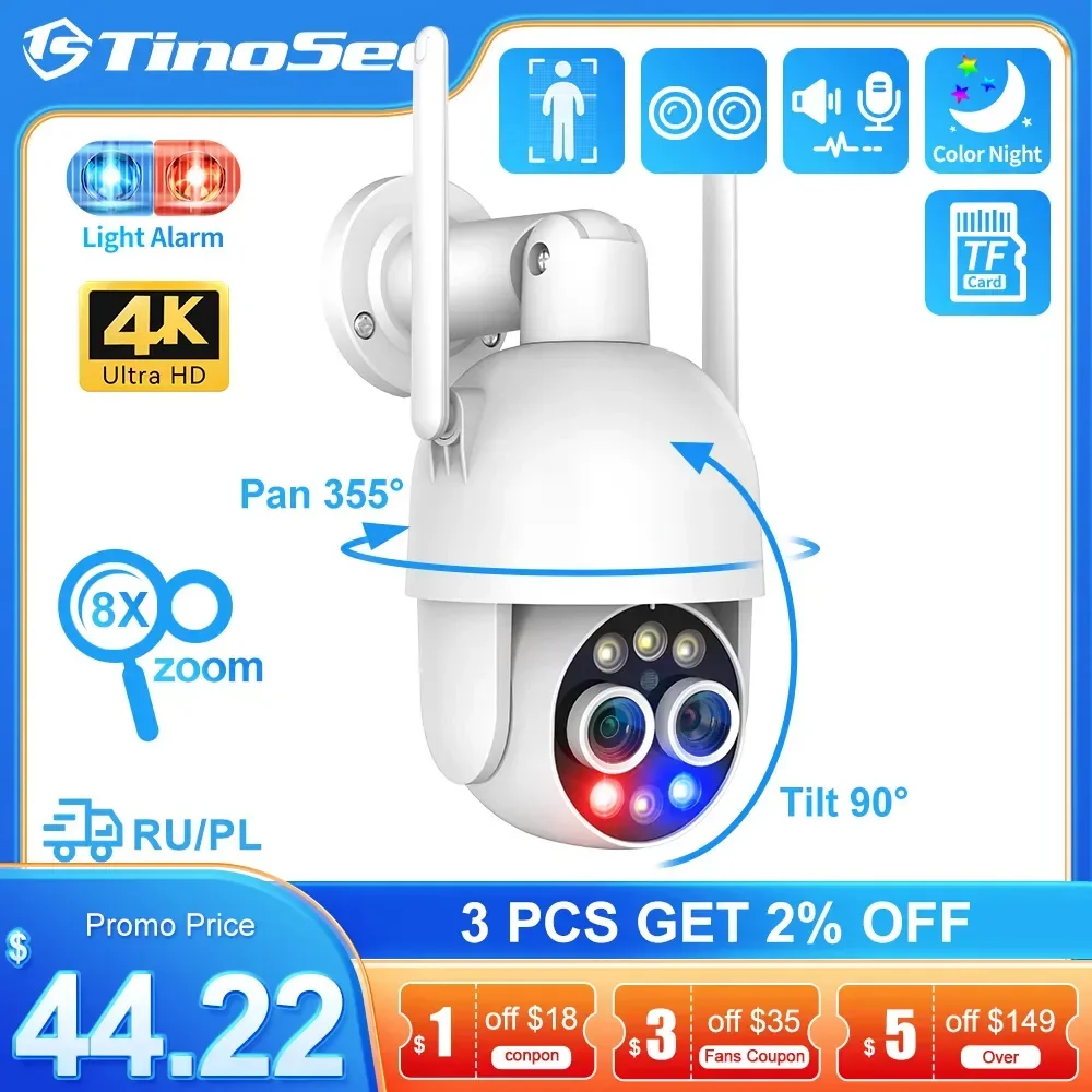 

TinoSec 8MP WiFi PTZ Camera 8X Zoom Dual Lens Wireless Camera Two-way Audio Humanoid Auto Tracking 4K CCTV Security Camera