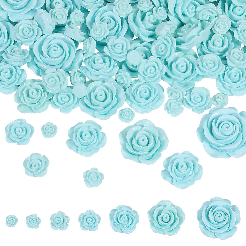 70pcs Rose Flower Beads No Holes Blue 8-27mm Flatback Carve Charms 3D Embellishments Floral Cameos Bead
