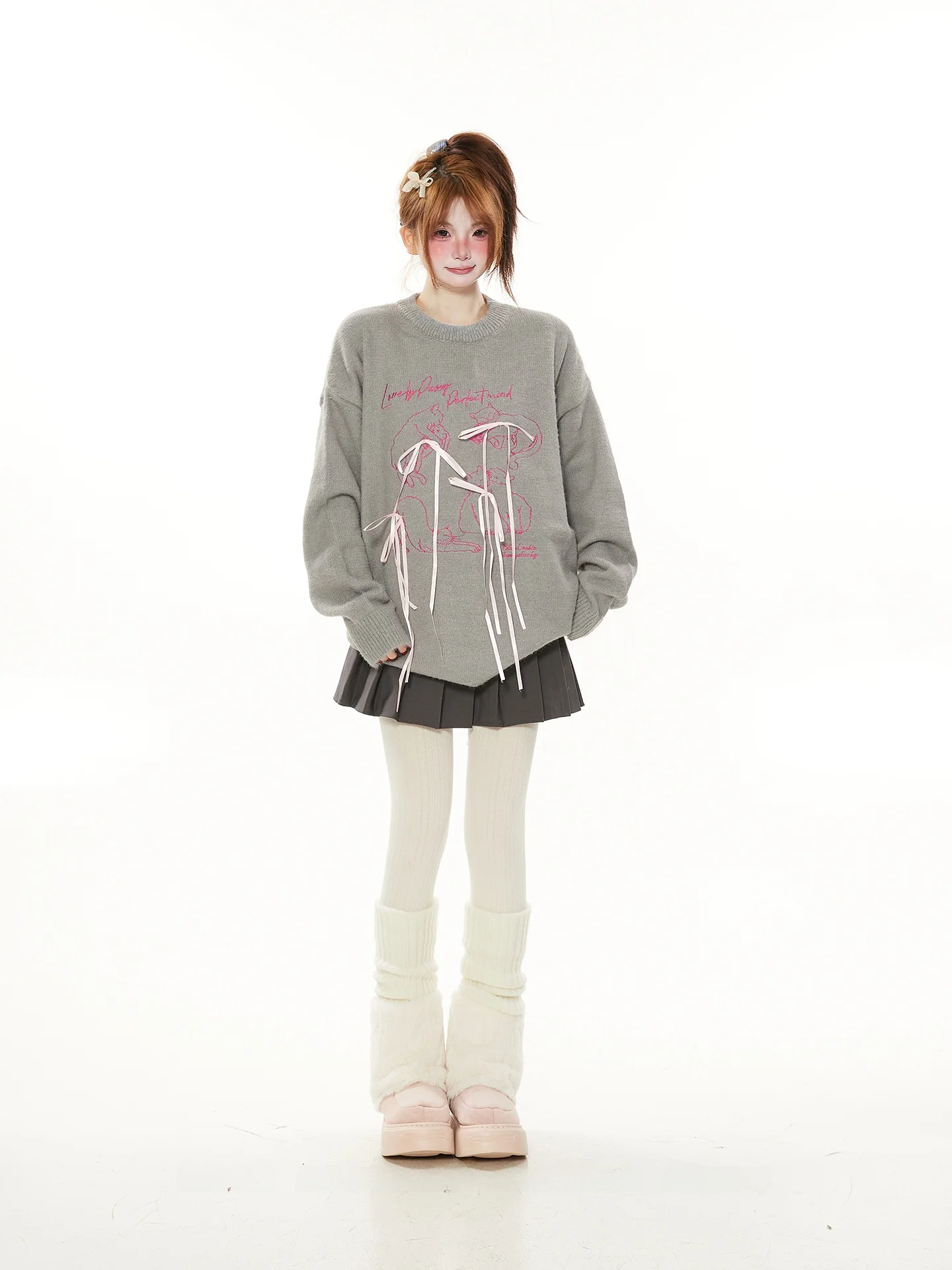 

Korean Sle Versatile Knot Embroidery round Ne Sweater Women Spring Autumn Lazy Sweet Soft Knitted Top