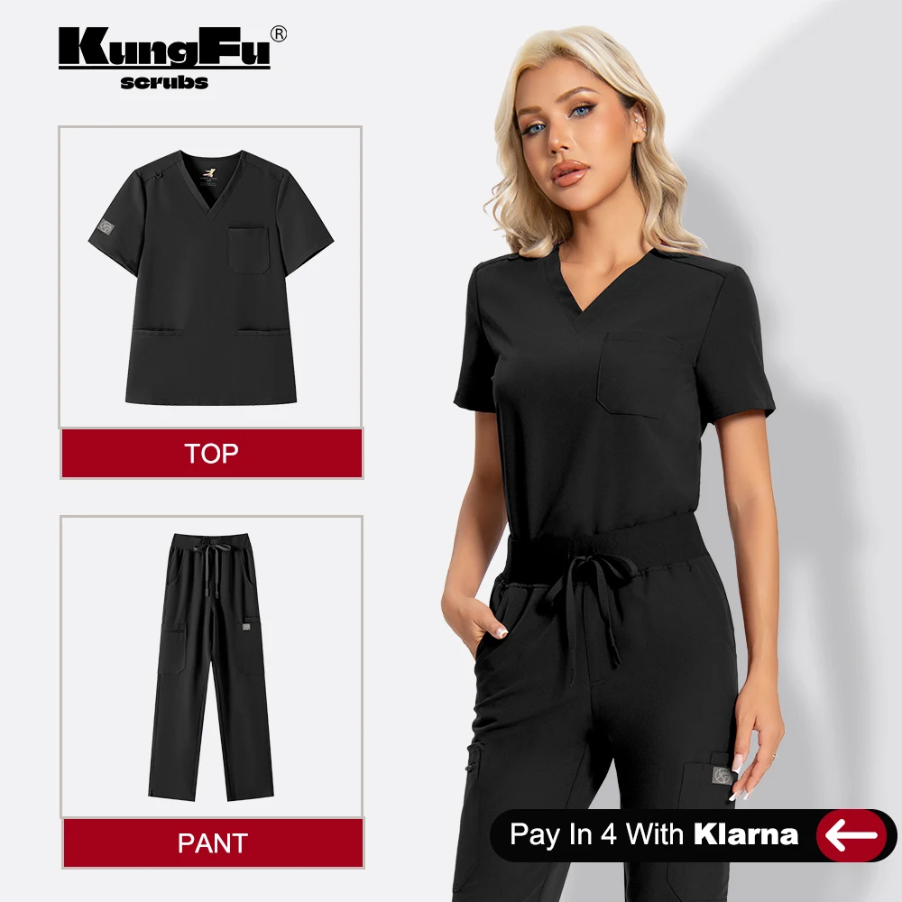 set-di-camici-neri-per-donne-top-con-scollo-a-v-pantaloni-a-gamba-dritta-vestibilita-slim-uniforme-medica-elasticizzata-per-ospedale