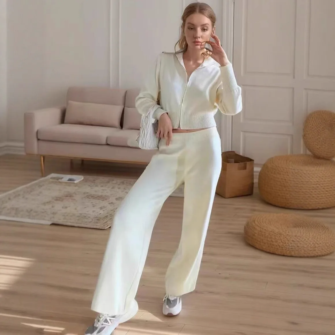 

Autumn Winter Knitted Pants Set Women Solid Color Zipper Cardigan Coat Trousers Two Piece Sets Simple All-match Female Clothing