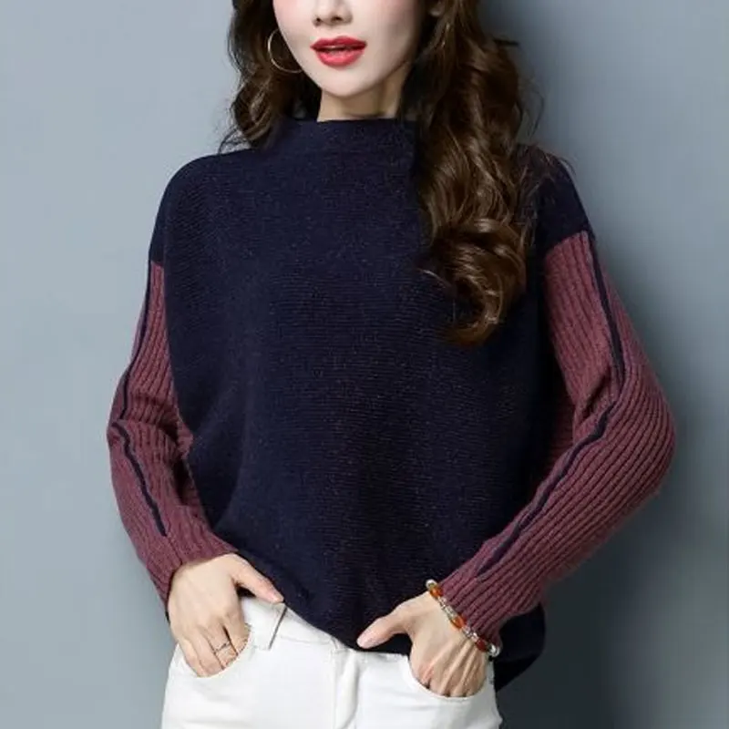 Female Clothing Batwing Sleeve Loose Sweaters Vintage Half High Collar Autumn Winter Stylish Casual Patchwork Knitted Jumpers