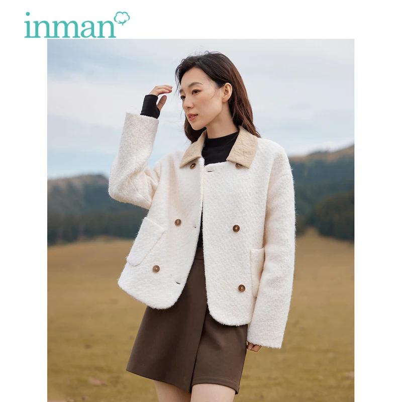 INMAN Women Woolen Coat 2023 Winter Long Sleeve Contrast Lapel Loose Thick Jacket Double Breasted Fashion Versatile Warm Tops