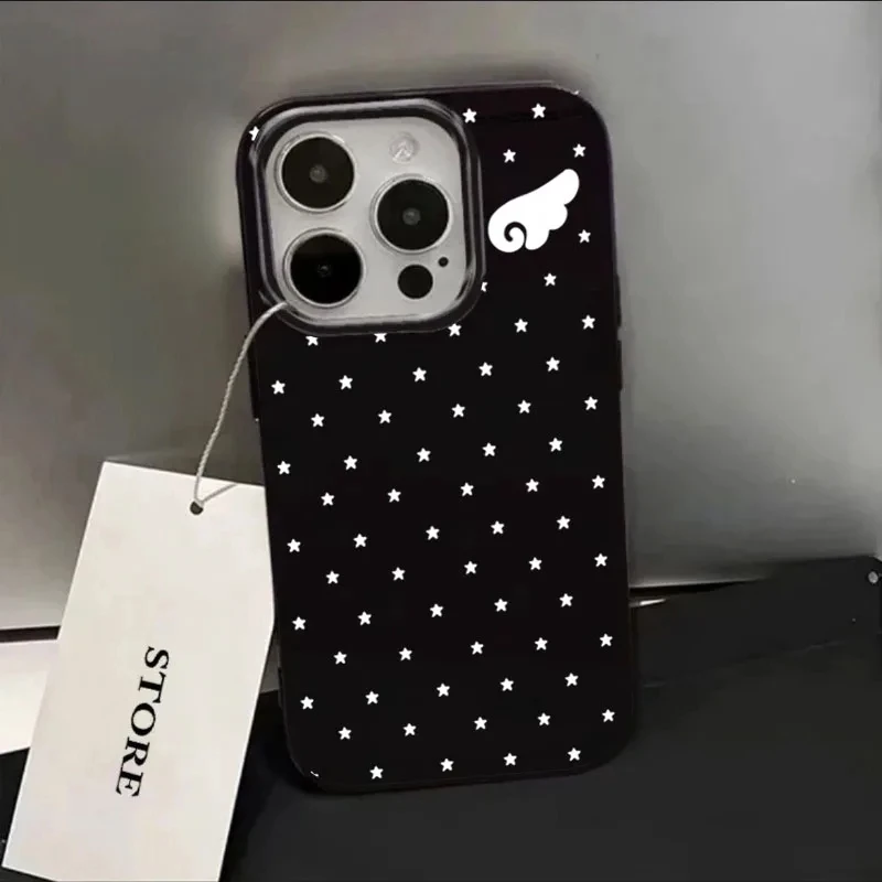 Korean Ins Full Scren Stars Angel Wings Phone Case For iPhone 17 AIR 16 15 14 13 12 11 Pro MAX MINI XR XSMAX 7 8 Plus Y2K Cover