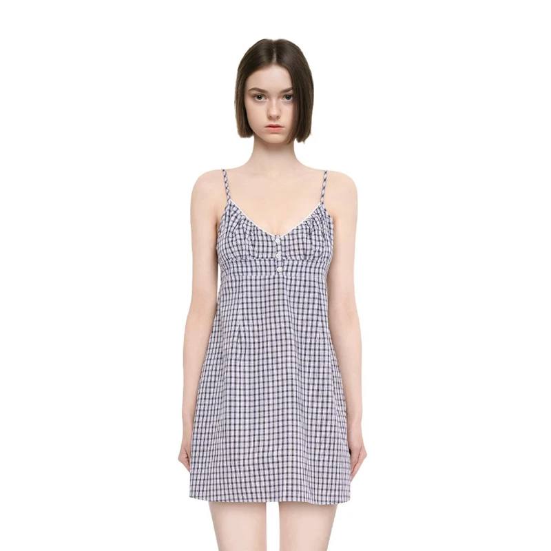 Minivestido Babydoll con botones y tirantes tipo camisola para mujer en cuadros