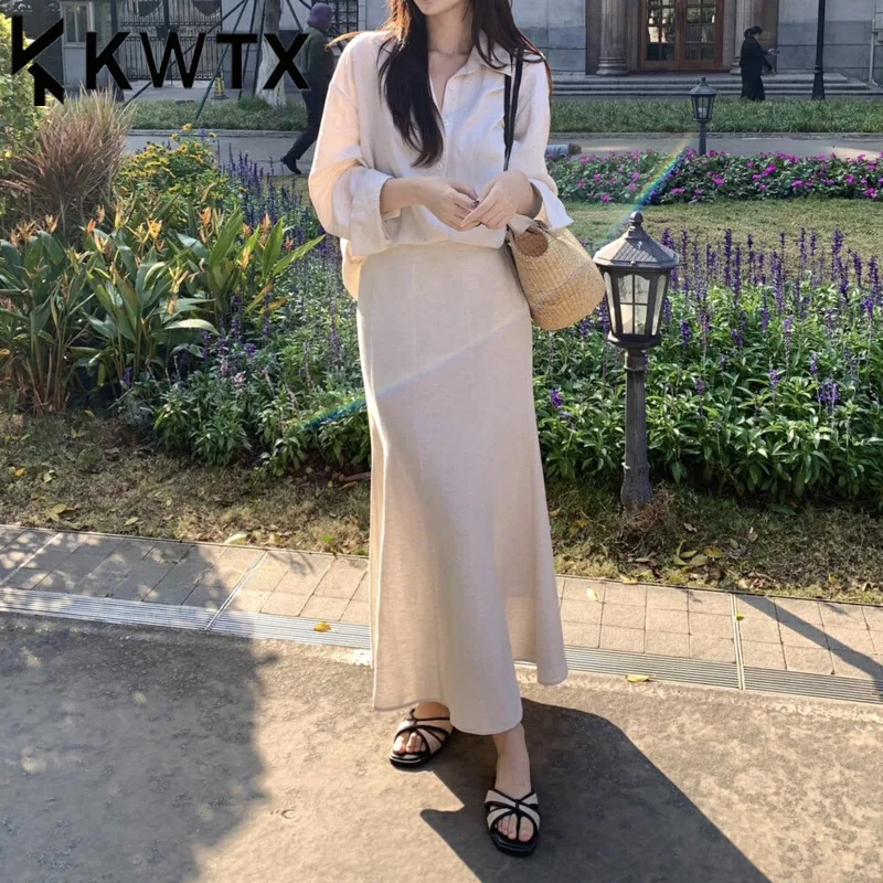 

KWTX Women’s Khaki 2 Piece Set Casual Shirt Top High Waist Skirt Chic Streetwear Spring Summer 2025 High Quality Designer