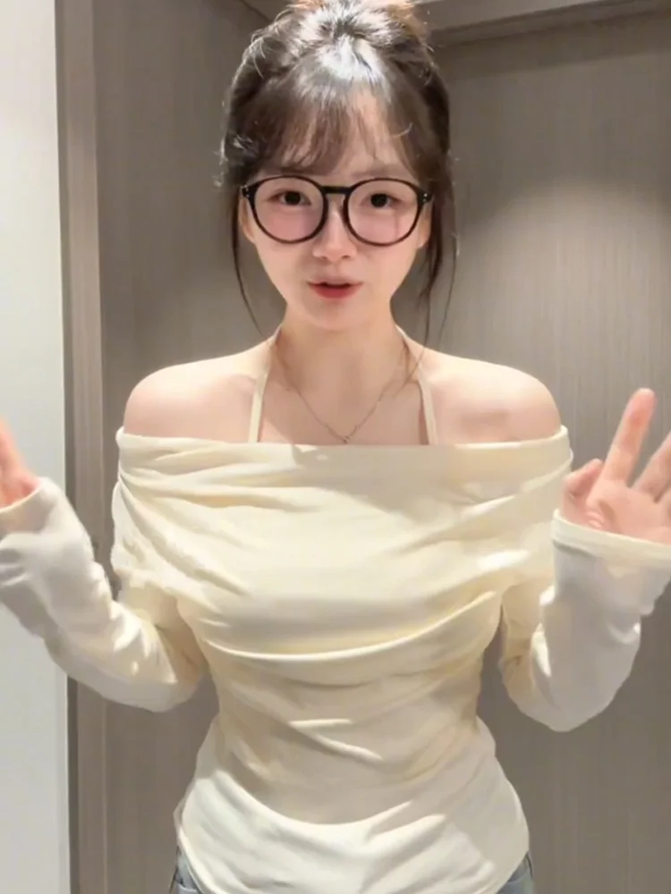 Ne pendurado longo sve camiseta feminina puro desejo witorm colarinho primavera outono emagrecimento interior wear sexy temperamento topo