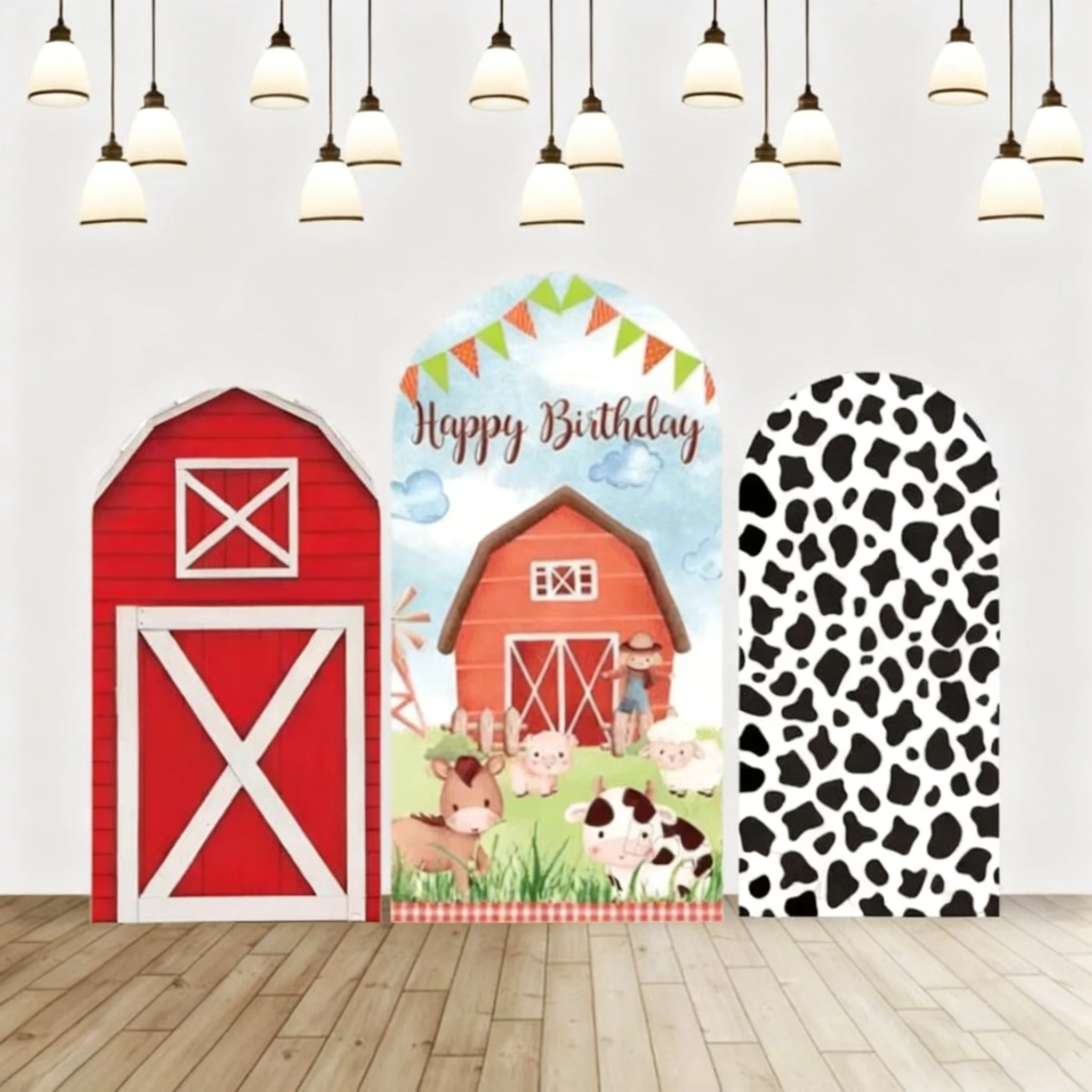 

LS Farm Birthday Party Arched Cover Background Red Barn Animals Cow Spots Double-sided Backdrop Boy Cake Smash Photobooths