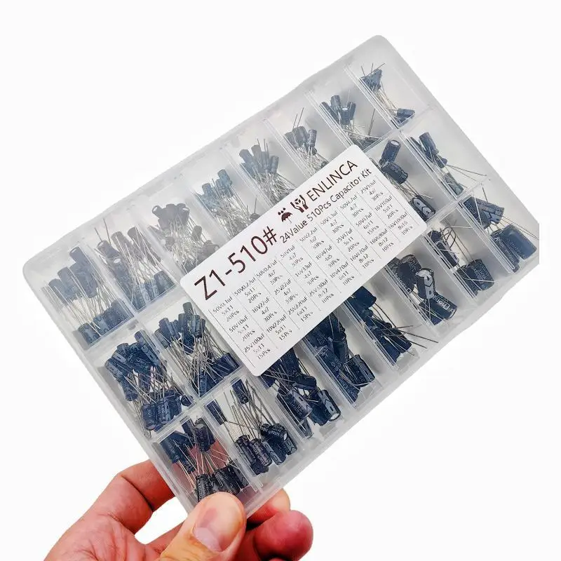 Condensadores electrolíticos de aluminio, kit surtido de condensadores electrolíticos de mezcla de 16-50V, caja de almacenamiento, 24 valores, 510