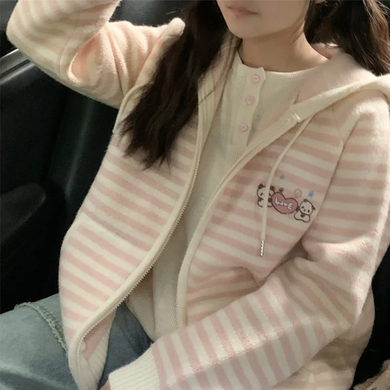 Doce mix cor listrado cardigan feminino outono inverno bonito dos desenhos animados ursos de malha cardigan mulher zíper até com capuz outwear mujer