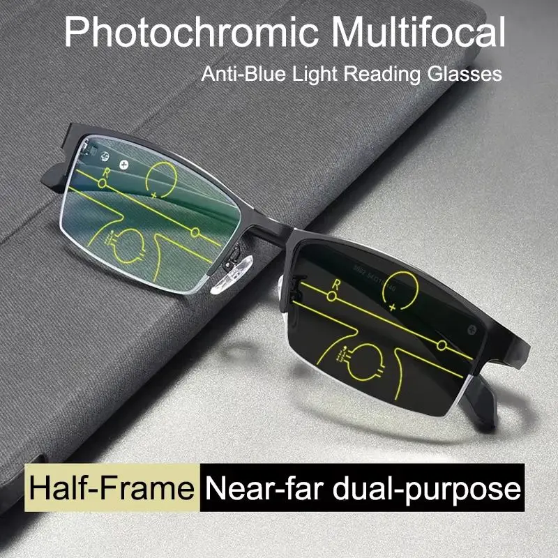 Lunettes de lecture multifocales photochromiques intelligentes 2026 pour hommes, anti-lumière bleue, demi-monture, pour hypermétropie