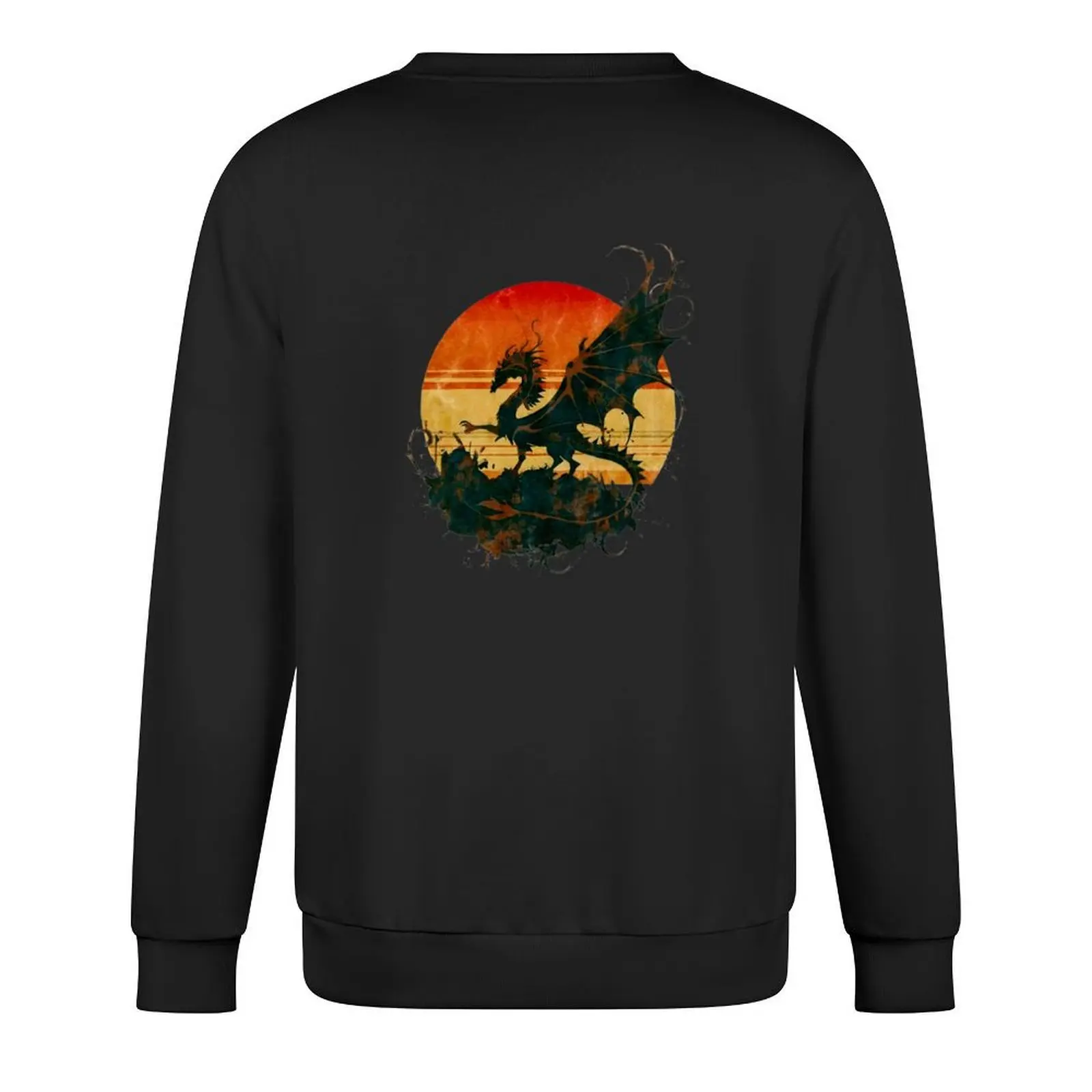 Aged Majesty: Dragon Silhouette in Vintage Twilight Pullover korean autumn clothes blouse aesthetic clothing sweatshirts for men