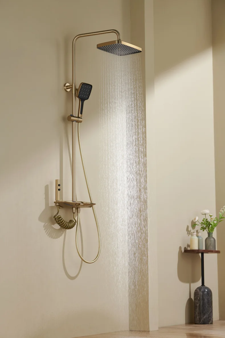 

Luxury Brushed Gold Wall Mounted Thermostatic Shower Mixer Brass Waterfall Shower Set Massage/Jet/Pause/Soft Spray Slide Bar