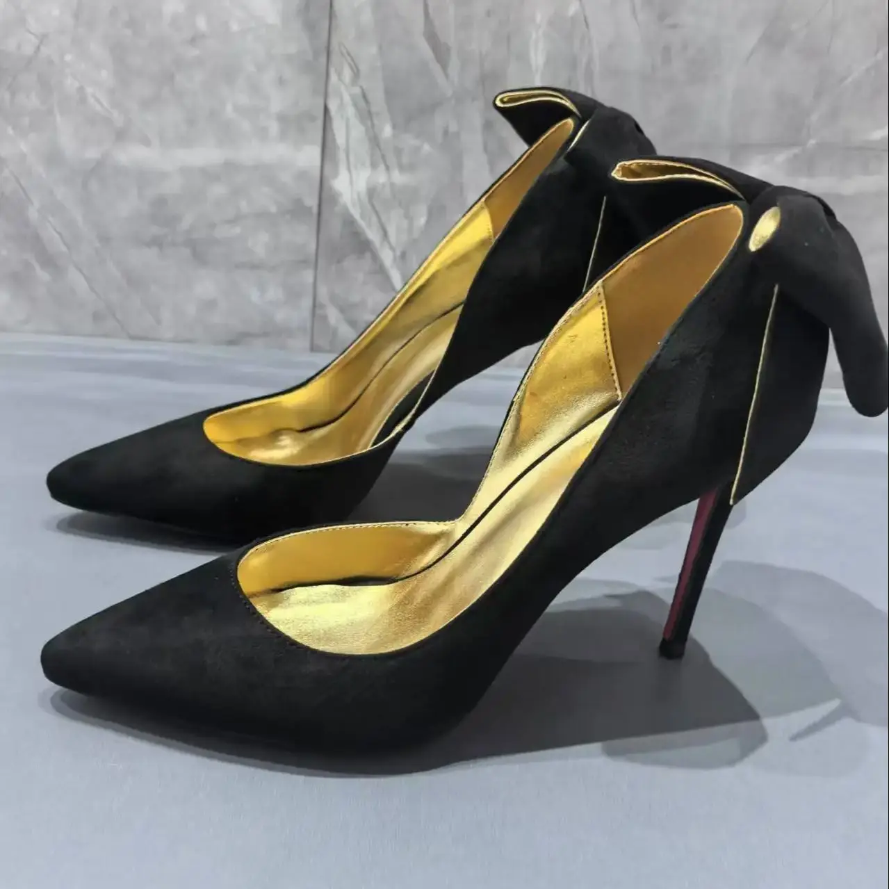 Givencci Black Leather Women Pumps Back Butterfly-Knot Single Shoes Pointed Toe Red Sole Zapatos Mujer High Heels Office Lady