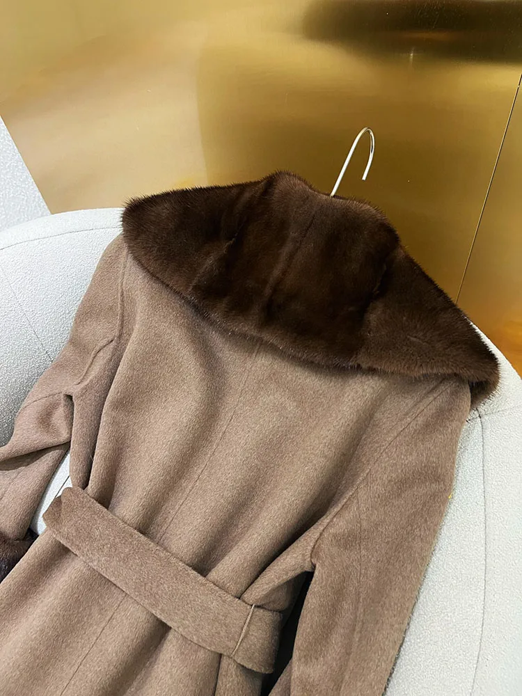 new high-end double-sided cashmere coat  Autumn and winter women's medium and long mink collar thin wool woolen coat