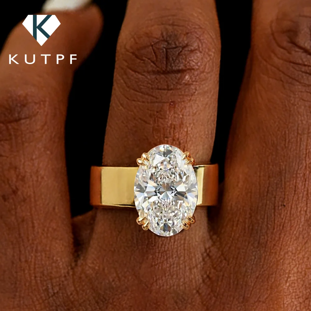 Anillos de compromiso de moissanita de corte ovalado solitario de banda ancha, plata S925 certificada, con diamante de 4.5CT, anillo de boda tipo cigarro para mujer y hombre